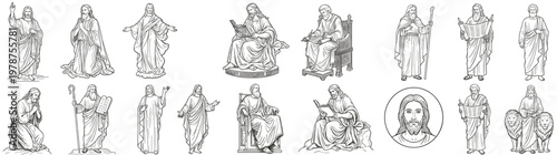 Detailed line art illustrations of Jesus Christ and religious figures in various poses like praying, teaching, and blessing, perfect for Christian and spiritual designs, isolated on white