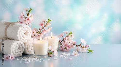 Spa composition with white towels, burning candles, and spring cherry blossoms on blue bokeh background. Tranquil wellness concept for beauty salon, aromatherapy, and relaxation with copy space.
