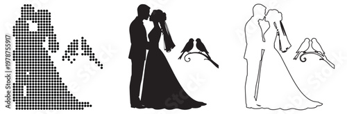Elegant wedding couple embracing with love, accompanied by decorative birds