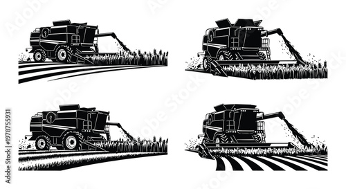 Four black and white illustrations of combine harvesters in fields