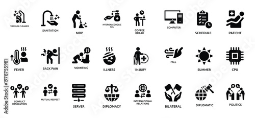 Collection of Black and White Representing Health, Technology, and Diplomacy