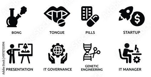 Collection of Bong, Tongue, Pills, Startup, Presentation, IT Governance, Genetic Engineering, IT Manager