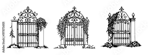 Cemetery gate set with hand-inked organic iron design featuring wrought iron, ivy, cemetery motifs with gate and white background