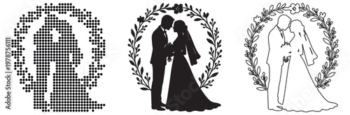 Elegant wedding silhouettes of a couple embraced within a floral wreath, symbolizing love and union.