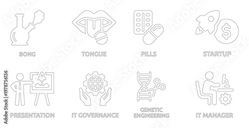 Collection of Business and Science Bong, Tongue, Pills, Startup, Presentation, IT Governance, Genetic Engineering, IT Manager