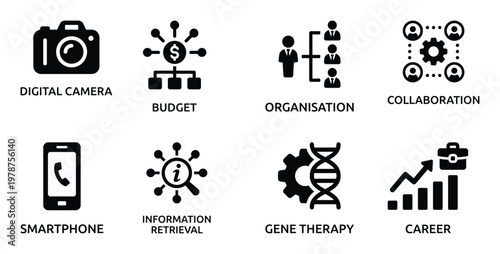 Collection of Business and Science Camera, Budget, Organization, Collaboration, Smartphone, Information, Gene Therapy, Career