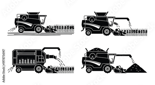 Four black and white illustrations of combine harvesters in fields