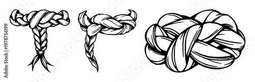 Braided hair jewelry knot set with sketchy black line art designs featuring hair, jewelry, knot techniques with line work and minimalism