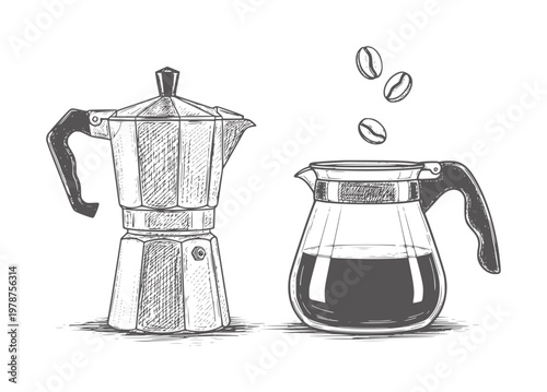 Hand drawn coffee maker and carafe with falling beans