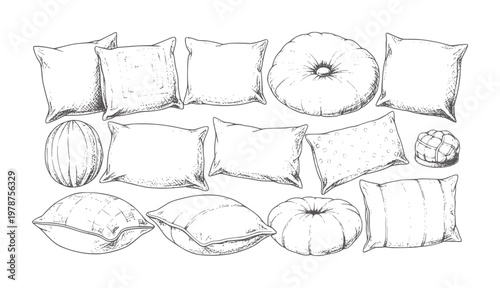 Hand drawn collection of various decorative pillows cushion textile fabric home