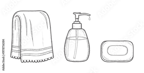 Hand drawn of folded towel liquid soap dispenser and bar of soap