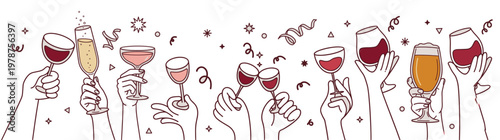 Hand drawn vector illustration of multiple people hands holding wine and champagne glasses making a toast with confetti isolated on white background perfect for party banner graphics