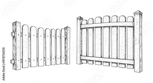 Two wooden picket fences with rounded tops and post caps garden