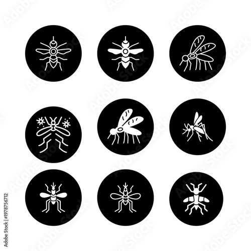 A comprehensive collection of circular icons featuring white silhouettes of various mosquito species isolated against a solid black background, ideal for medical, scientific, biological, or pest contr
