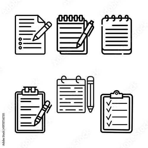 A comprehensive collection of professional linear icons depicting various notebooks, notepads, and clipboards paired with writing pens. These versatile vector symbols are ideal for use in business app