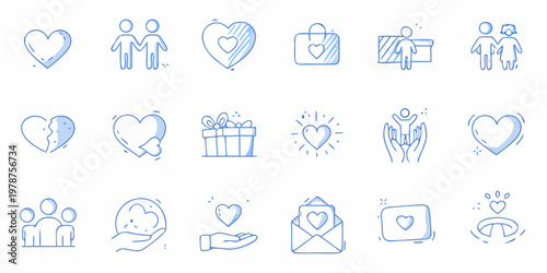 Collection of hand drawn line icons representing love relationships and support