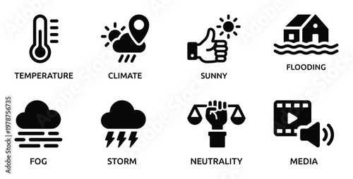 Collection of Weather and Media Temperature, Climate, Sunny, Flooding, Fog, Storm, Neutrality, Media