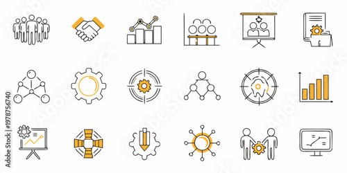 Collection of business and management icons in a simple line style