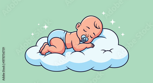 Adorable baby boy sleeping peacefully on a soft cloud with a pacifier.