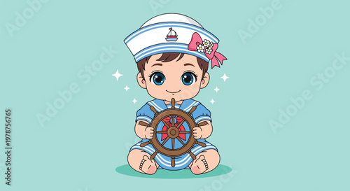 Adorable baby boy dressed as a sailor holding a ships wheel.