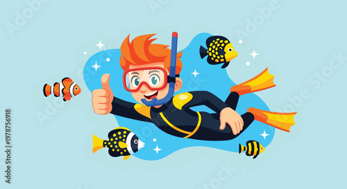 Cartoon Boy Snorkeling Underwater with Tropical Fish Vector.