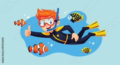 Cartoon Boy Snorkeling Underwater with Tropical Fish Vector Illustration.