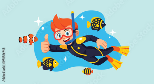 Cartoon Boy Snorkeling Underwater with Tropical Fish.