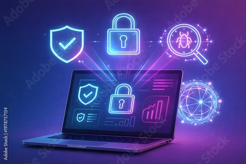 Cybersecurity shield with warning symbol and active protection alerts in blue and pink neon lighting, threat defense concept on laptop.