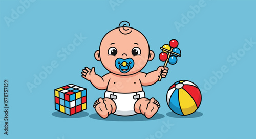 Cute Baby with Toys and Pacifier on Blue Background Vector Illustration.