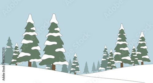 Winter forest illustration snow covered evergreen trees against sky