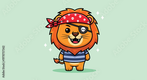 Cute cartoon pirate lion with eye patch and bandana.