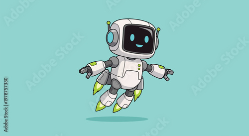 Cute cartoon robot flying with a friendly expression.