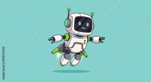 Cute cartoon robot flying with jet boots.