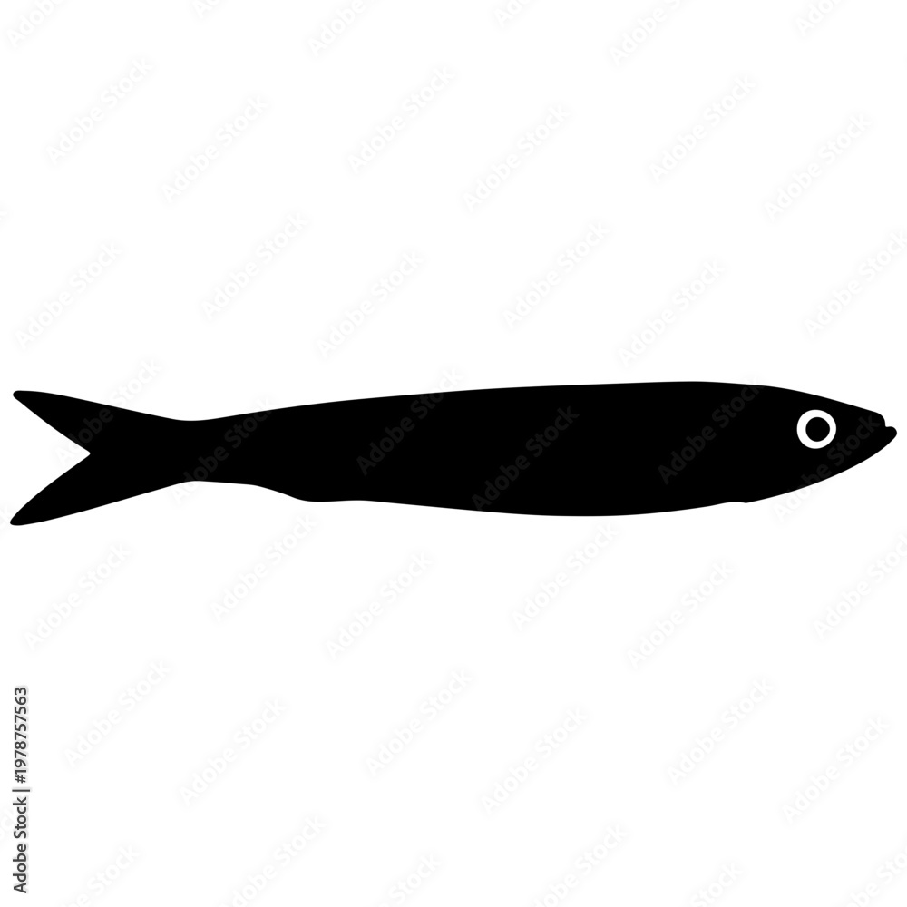 Obraz premium Black silhouette of a single anchovy fish with white eye detail