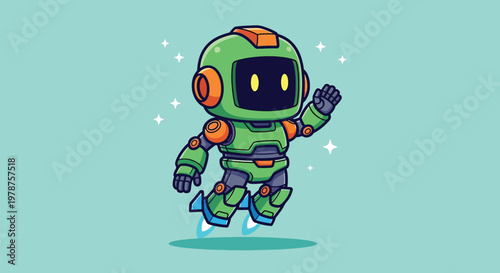 Cute Green Robot Character Flying with Jet Boots.
