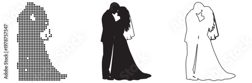 Romantic silhouette of a bride and groom embracing on their wedding day.