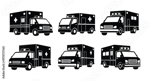 Six black and white ambulance icons in various styles and perspectives