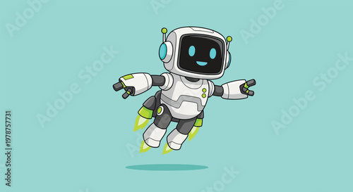 Cute Robot Flying with Jetpack and Glowing Engines.