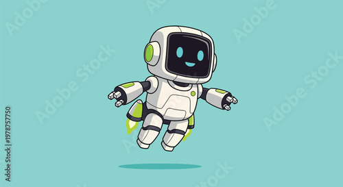 Cute Robot Flying with Jetpack and Happy Expression.