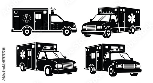 Six black and white ambulance icons in various styles and perspectives