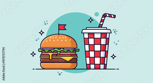 Delicious cartoon hamburger and soda drink combo illustration.