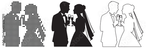 Elegant couple in silhouette celebrating with champagne on their wedding day