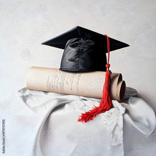 A graduation cap and diploma on a white cloth, symbolizing academic achievement and success