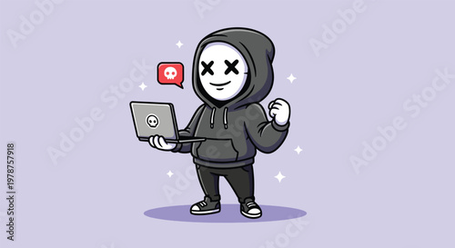 Hacker in hoodie with mask holding laptop and showing fist.