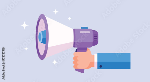 Hand Holding Megaphone Announcing Important News with Sparkles.
