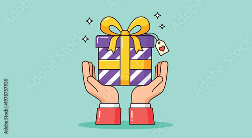 Hands Holding a Gift Box with a Bow and Tag.