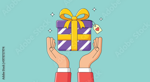 Hands Presenting a Wrapped Gift Box with Ribbon and Tag Vector Illustration.
