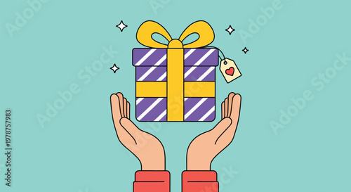 Hands Presenting a Wrapped Gift Box with Ribbon and Tag.