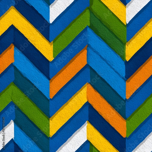 A colorful chevron pattern with blue, green, yellow, orange, and white stripes