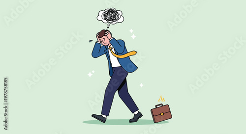 Stressed Businessman Walking with Briefcase and Tangled Thoughts Vector Illustration.